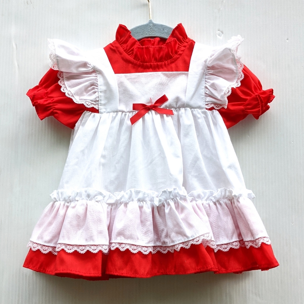 VINTAGE baby red & white lace ruffle pinafore dres